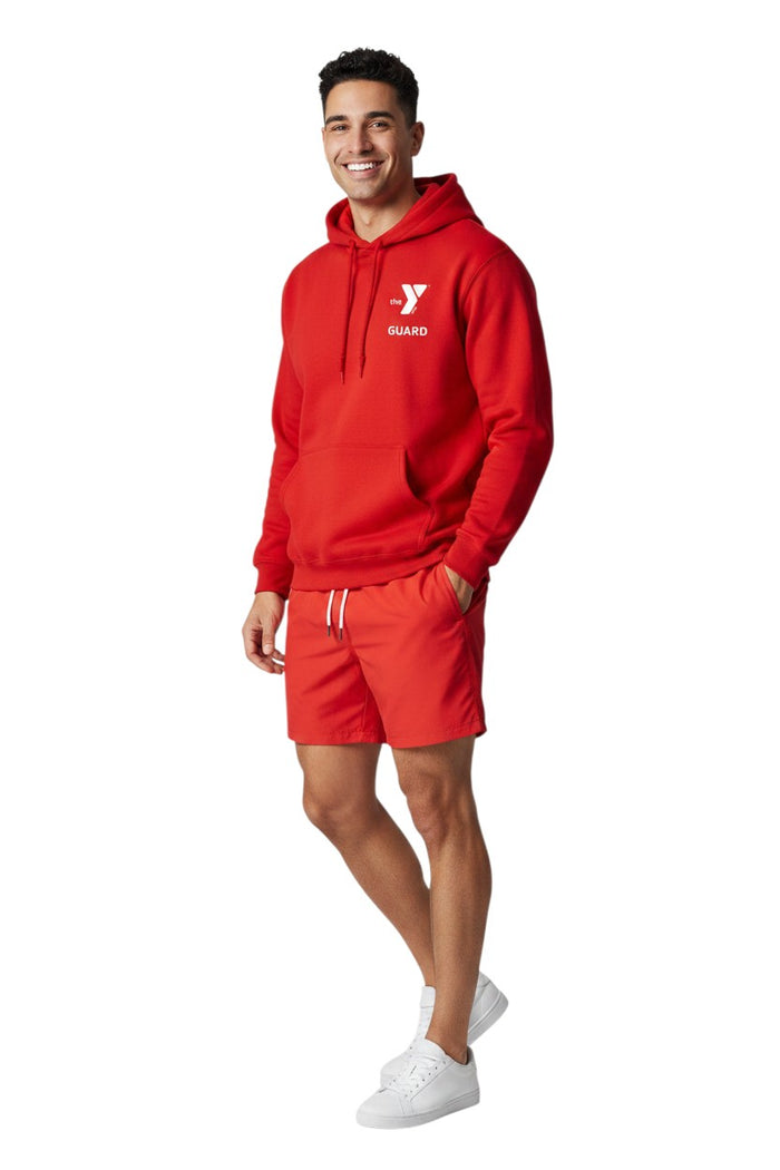 The Lifeguard Store red cotton-polyester blend YMCA Guard hooded sweatshirt with pouch pocket and drawstring.