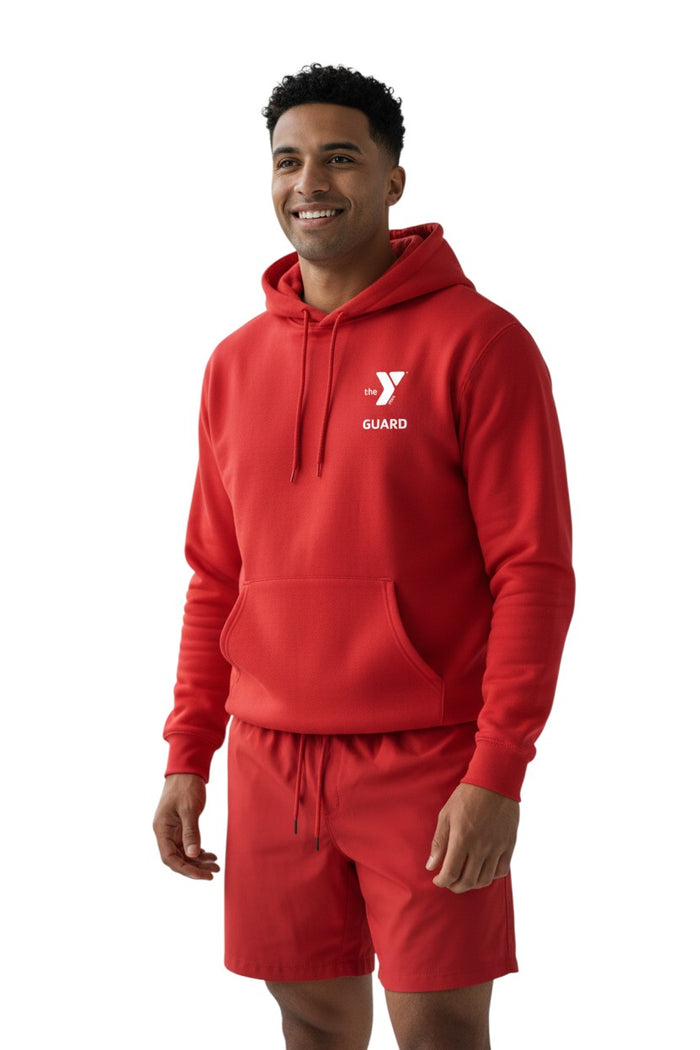 The Lifeguard Store red cotton-polyester blend YMCA Guard hooded sweatshirt with pouch pocket and drawstring.