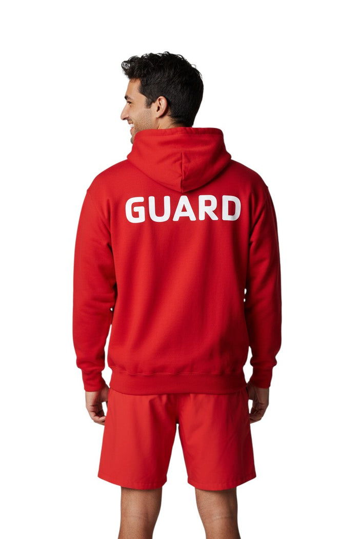 The Lifeguard Store red cotton polyester blend hooded sweatshirt with GUARD logo on back and pouch pocket.