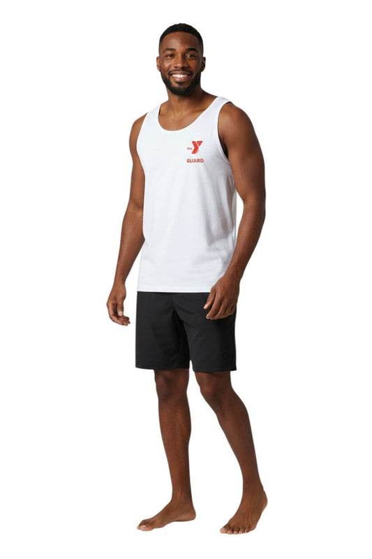 The Lifeguard Store white 100% cotton jersey YMCA Guard tank top with red logo on front.