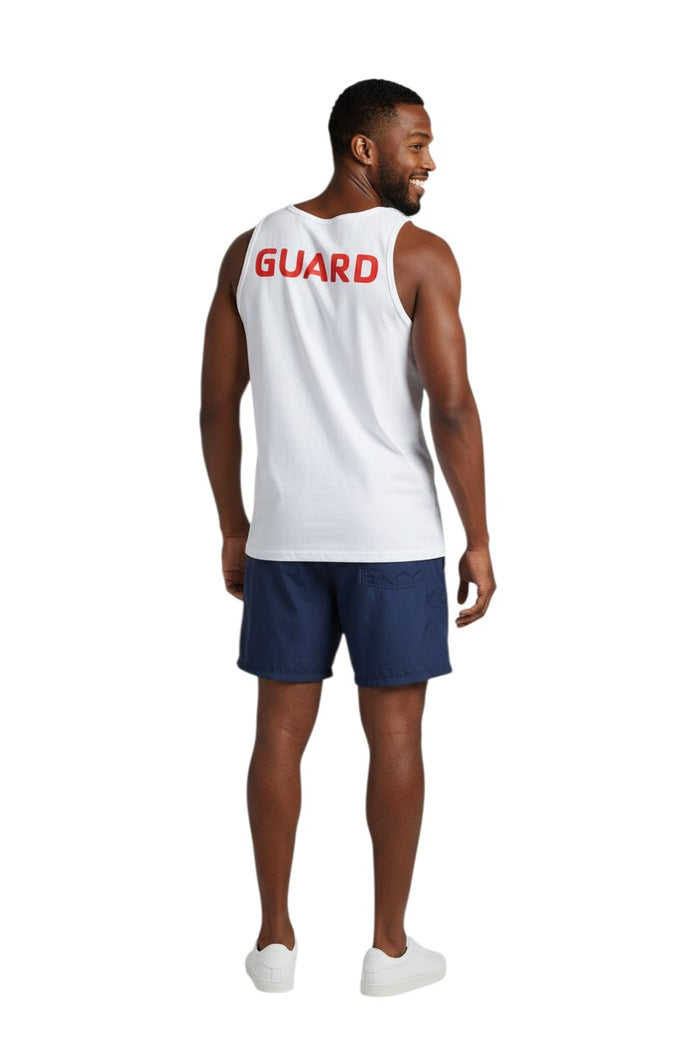 The Lifeguard Store white 100% cotton jersey tank top with red GUARD logo on back. Ideal for hot weather.