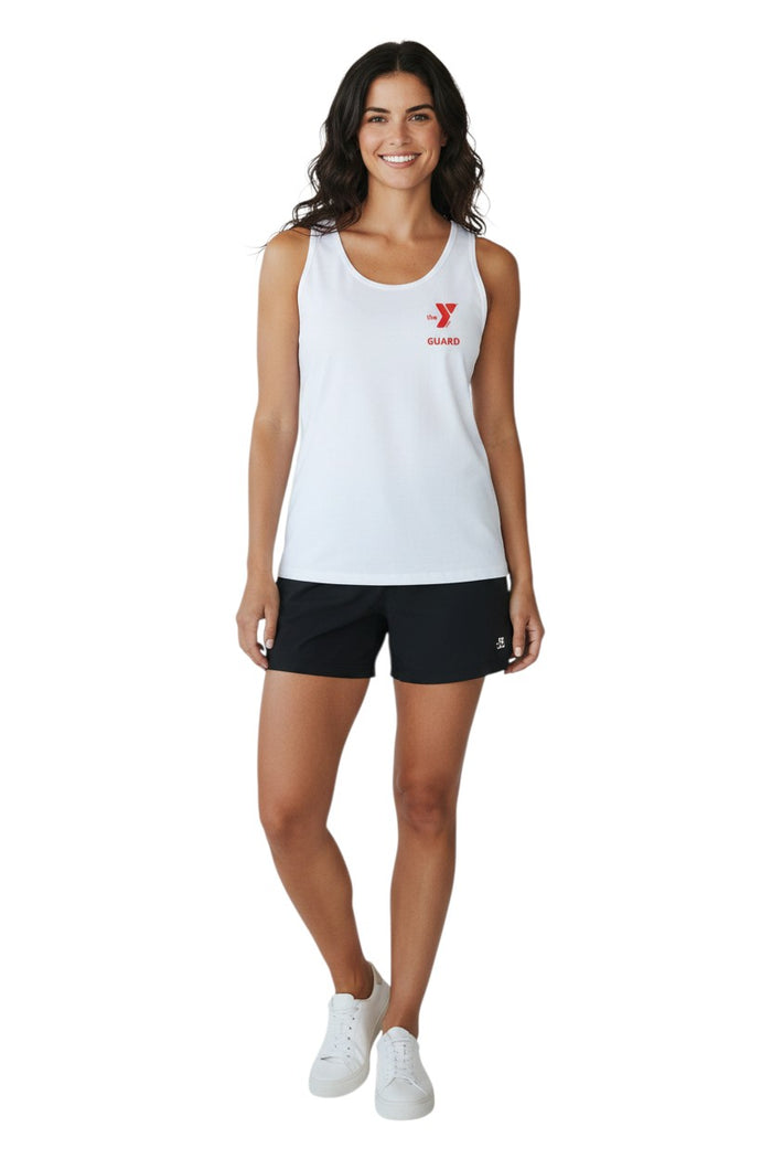 The Lifeguard Store white 100% cotton jersey YMCA Guard tank top with red logo on front. Preshrunk with double needle hems.