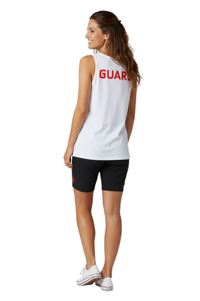 The Lifeguard Store white 100% cotton jersey tank top with red GUARD logo on back.