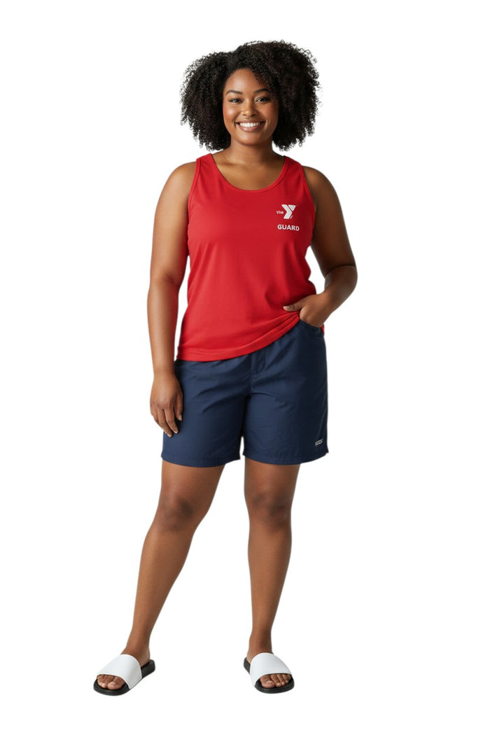 The Lifeguard Store red 100% cotton jersey YMCA Guard tank top with white logo on front.
