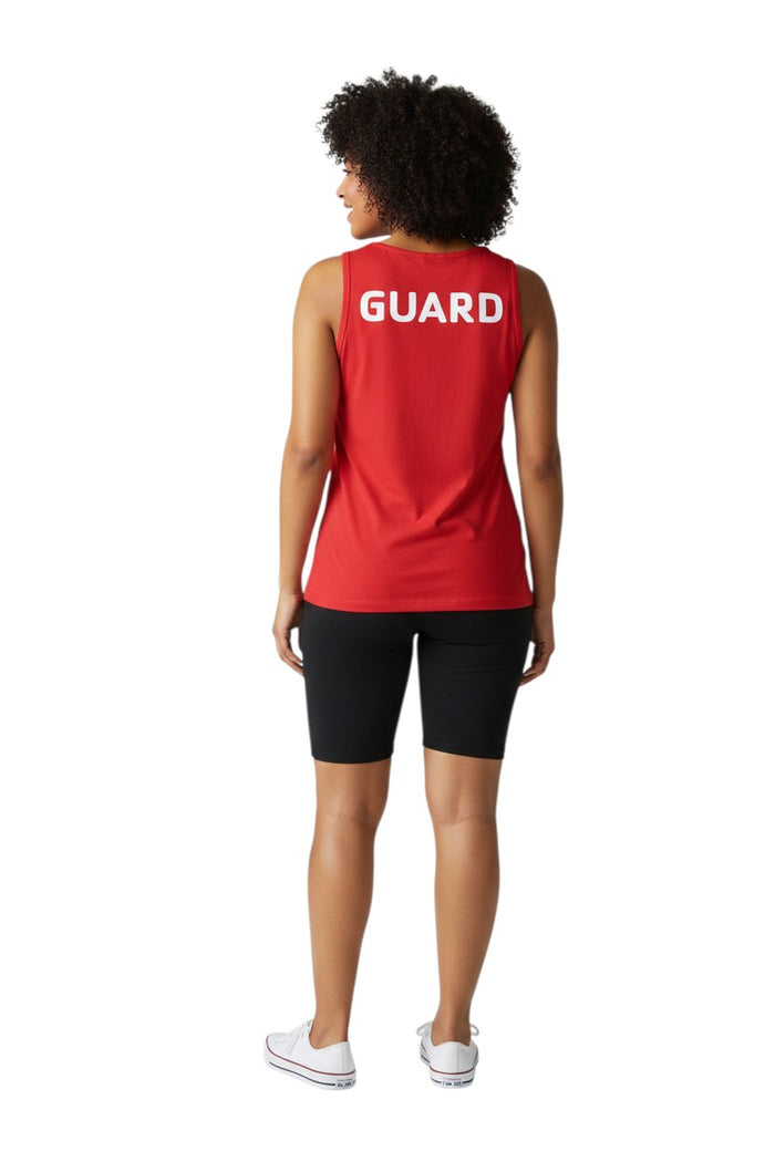 The Lifeguard Store red 100% cotton jersey tank top with white GUARD logo on back.