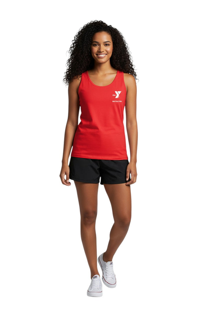 The Lifeguard Store red 100% cotton YMCA instructor tank top with white logo on chest. Sleeveless, crew neck.