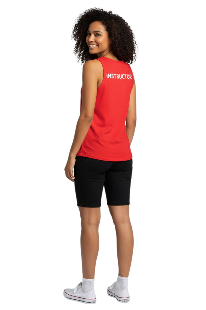 The Lifeguard Store red 100% cotton tank top with white "INSTRUCTOR" text on the back.