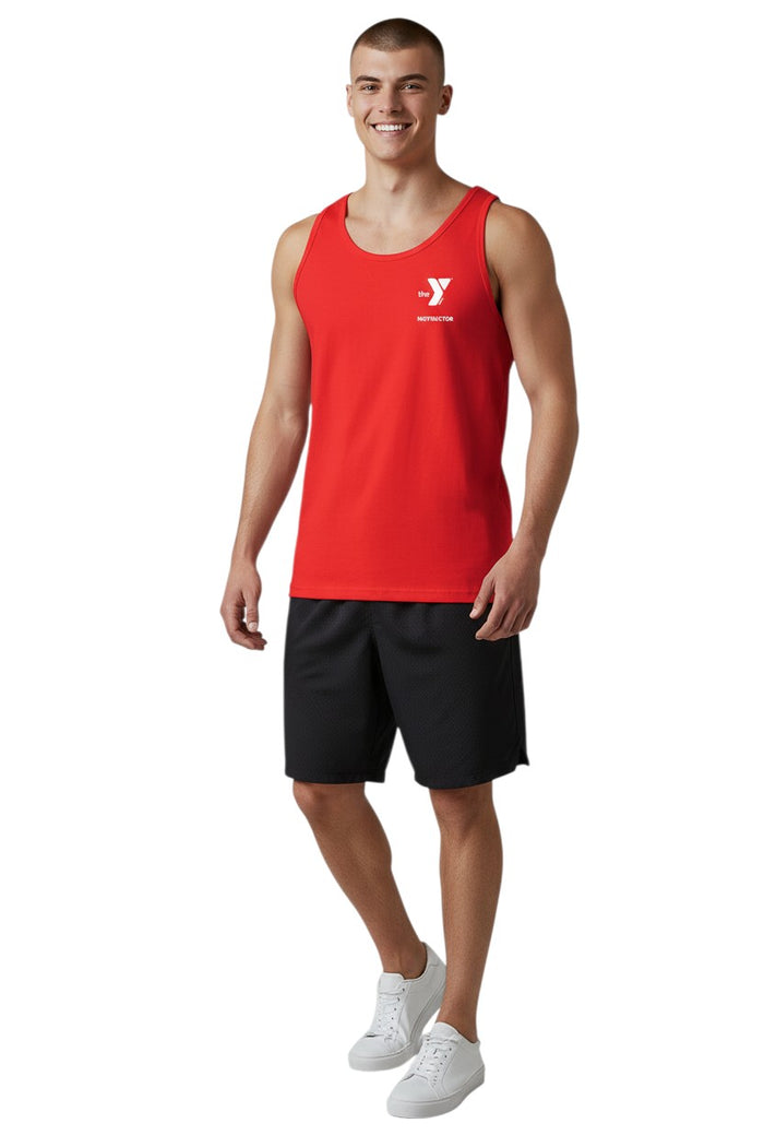 The Lifeguard Store red 100% cotton YMCA instructor tank top with white logo on chest.