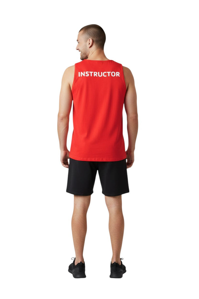 The Lifeguard Store red 100% cotton tank top with white "INSTRUCTOR" text on the back.