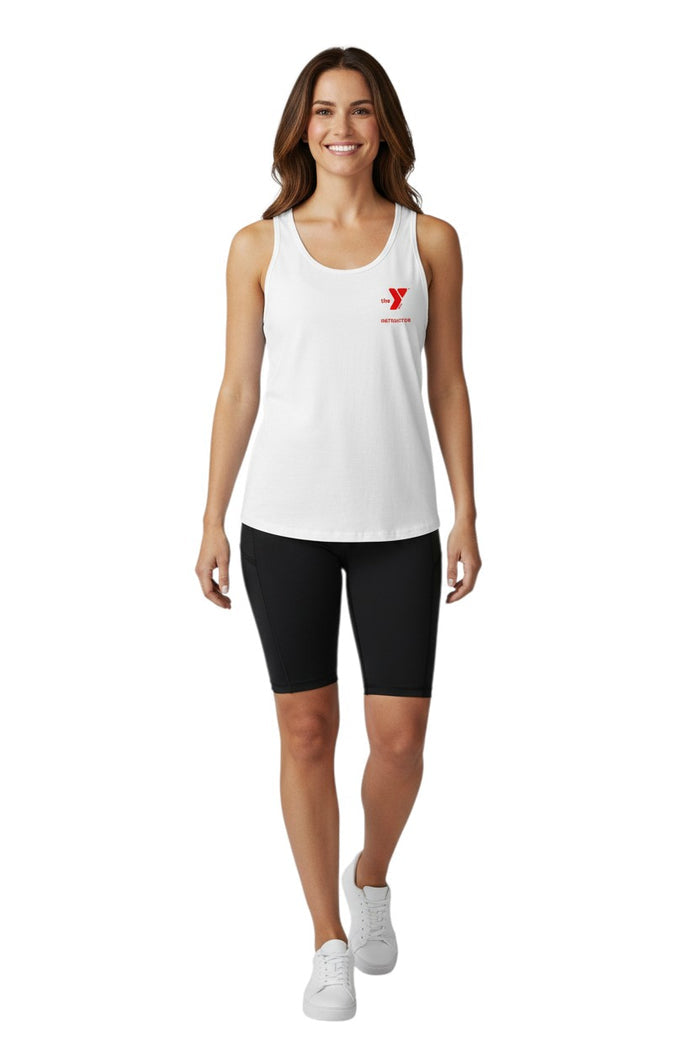 The Lifeguard Store white 100% cotton tank top with red YMCA Instructor logo on the left chest.