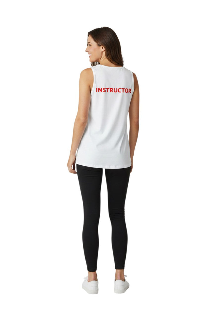 The Lifeguard Store white 100% cotton tank top with red "INSTRUCTOR" text on the back.