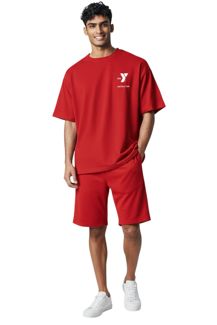 The Lifeguard Store red 100% polyester Dri-Fit tee with white YMCA Instructor logo on left chest and "INSTRUCTOR" on back.