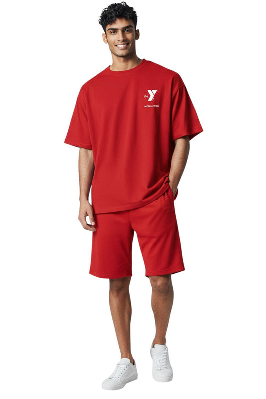 The Lifeguard Store red 100% polyester Dri-Fit tee with white YMCA Instructor logo on left chest and "INSTRUCTOR" on back.