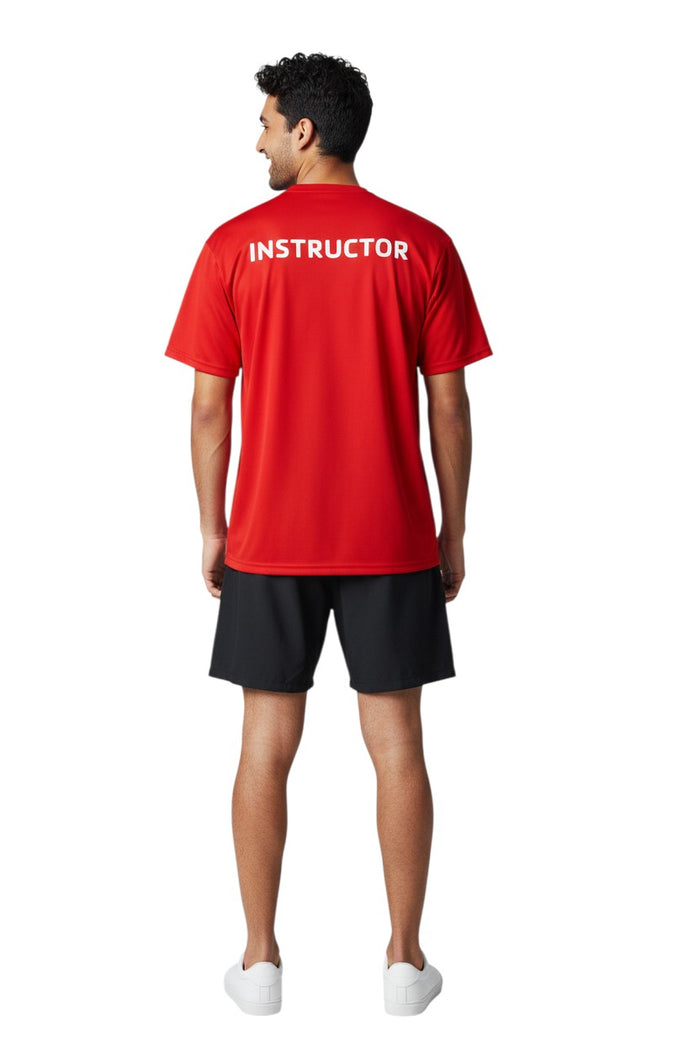 The Lifeguard Store red polyester Dri-Fit tee with "INSTRUCTOR" screened on the upper back.
