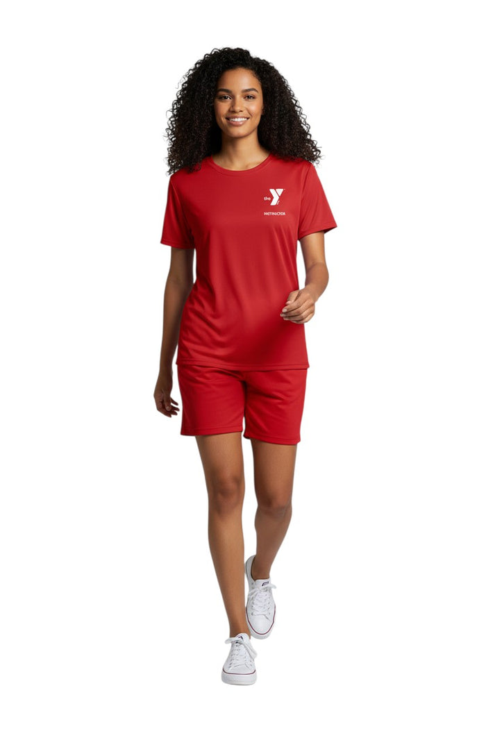 The Lifeguard Store red 100% polyester Dri-Fit tee with YMCA Instructor logo on left chest and "INSTRUCTOR" on back.