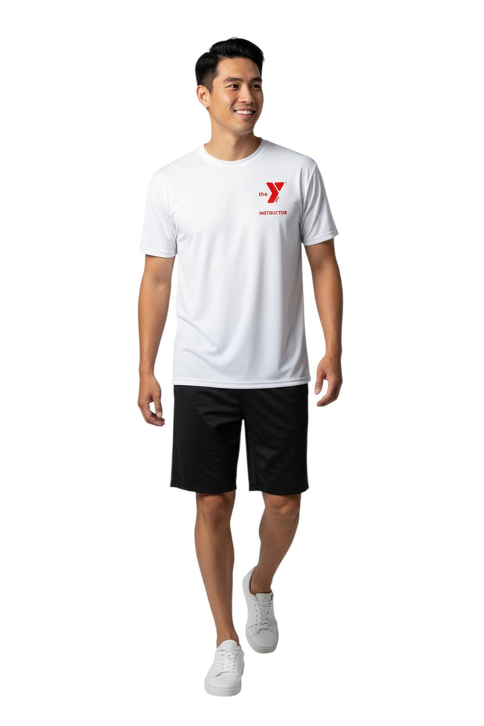 The Lifeguard Store white 100% polyester Dri-Fit tee with red YMCA Instructor logo on left chest and "INSTRUCTOR" on upper back.