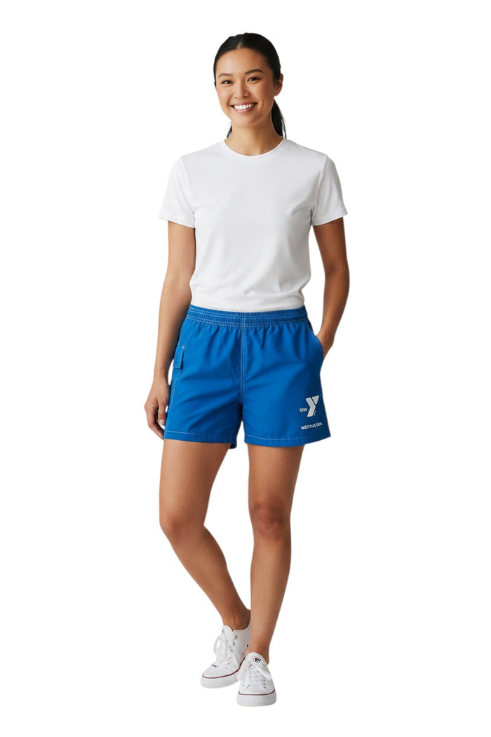 The Lifeguard Store blue polyester-spandex board shorts with elastic waistband, drawstring, and side pocket. Features YMCA Instructor logo.