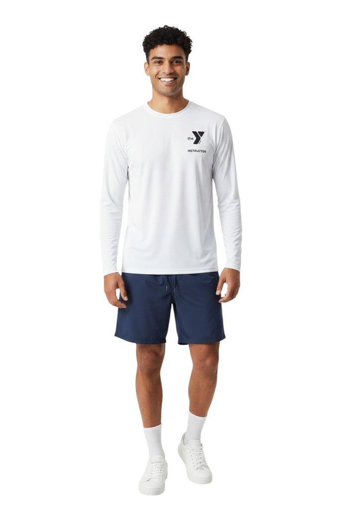 The Lifeguard Store white long sleeve rashguard with YMCA Instructor logo on chest. Made of polyester and spandex.