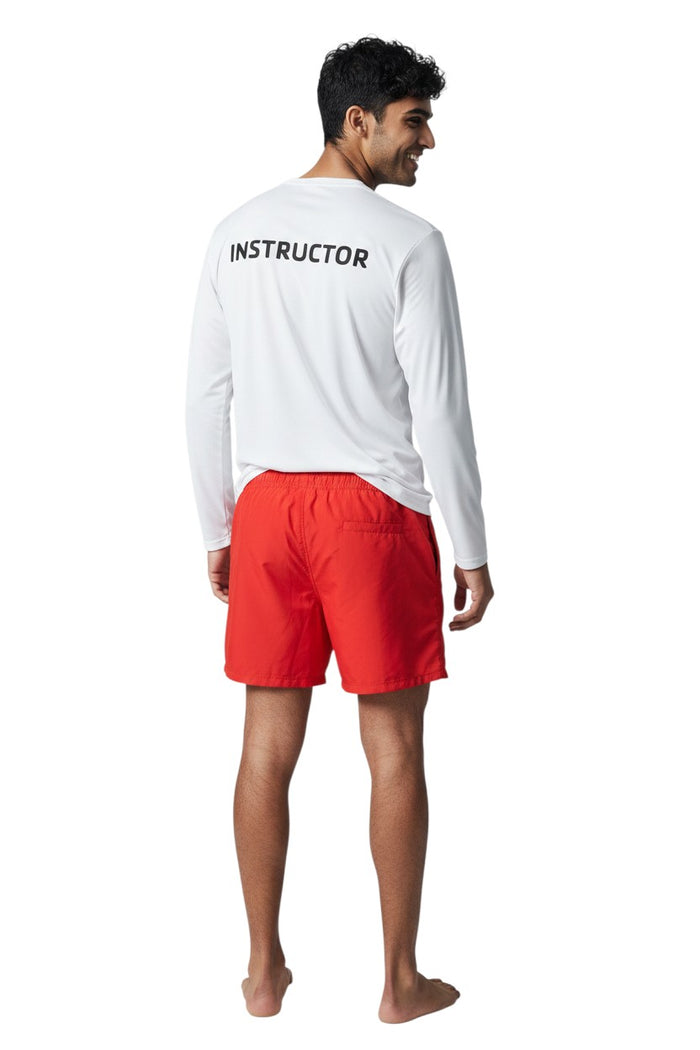 The Lifeguard Store white long sleeve rashguard with "INSTRUCTOR" printed on the back. Made of polyester and spandex for UPF50+ protection.