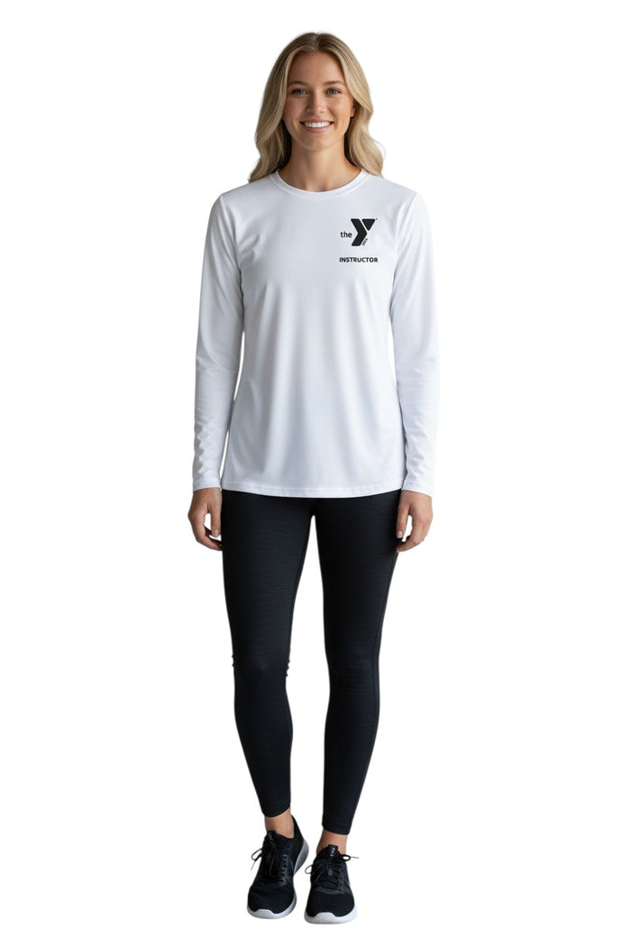 The Lifeguard Store white long sleeve rashguard with YMCA Instructor logo on chest. Polyester-spandex blend.