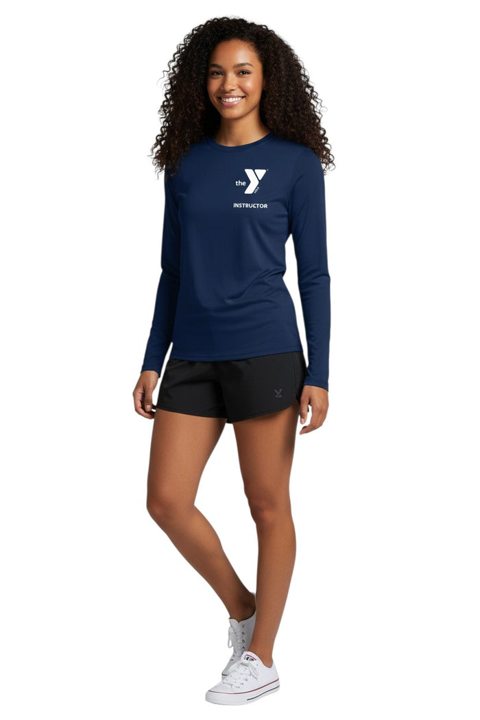 The Lifeguard Store navy blue long sleeve rashguard with YMCA instructor logo on chest. Polyester-spandex blend.