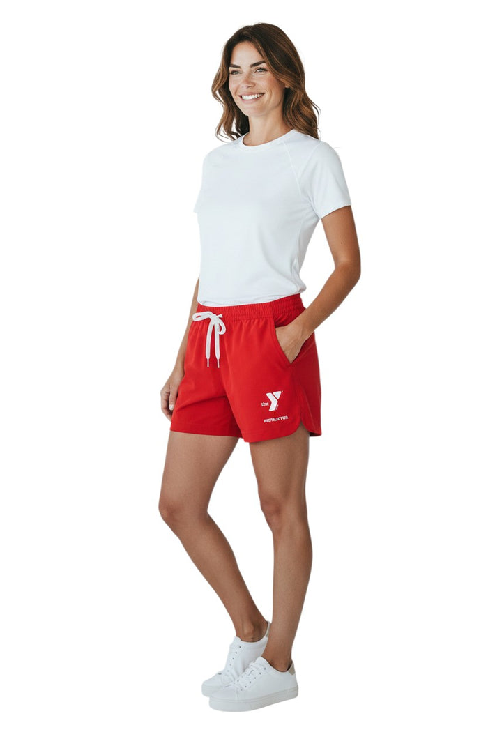 The Lifeguard Store red polyester YMCA instructor shorts with white drawstring and pockets. UPF30+.