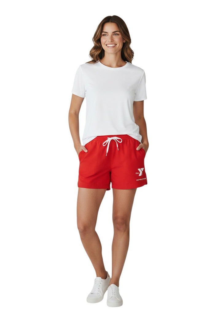 The Lifeguard Store red polyester YMCA instructor shorts with white drawstring and pockets. UPF30+.