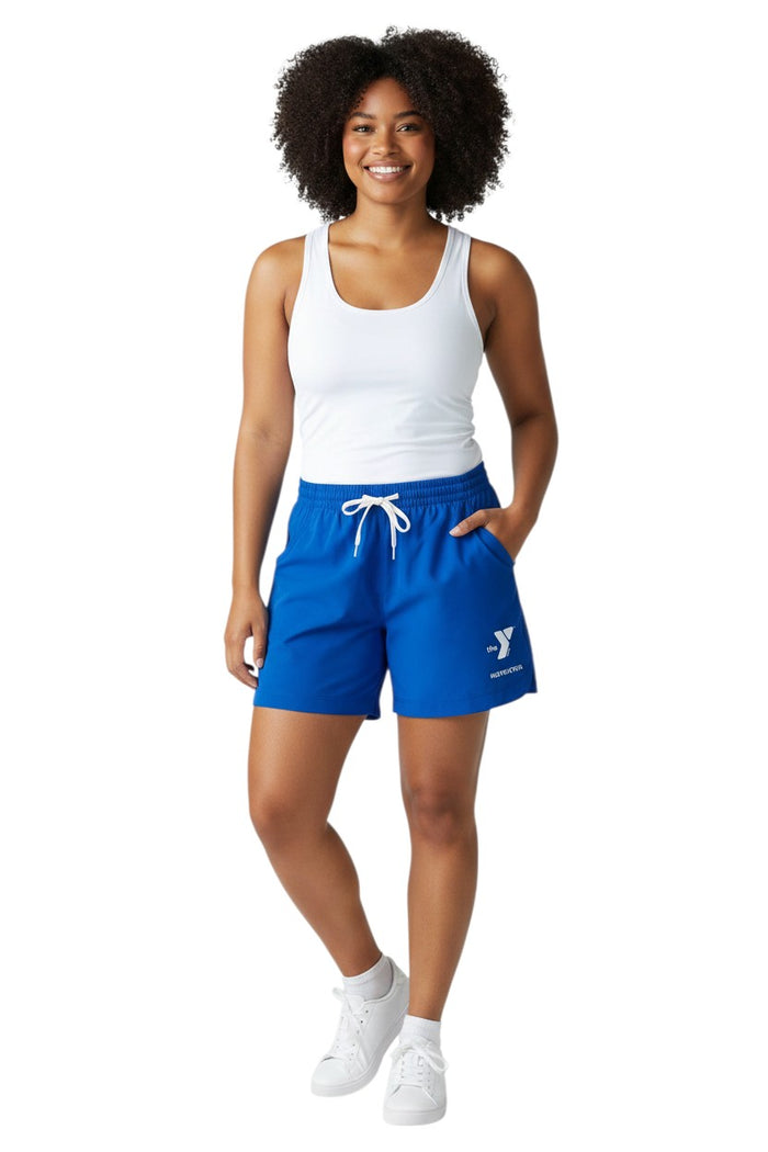 The Lifeguard Store blue polyester YMCA instructor shorts with elastic waistband, drawstring, and two front pockets.