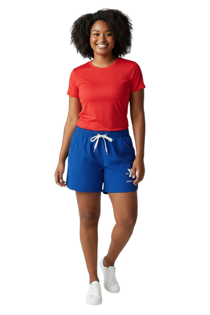 The Lifeguard Store blue polyester YMCA instructor shorts with elastic waistband, drawstring, and two front pockets.