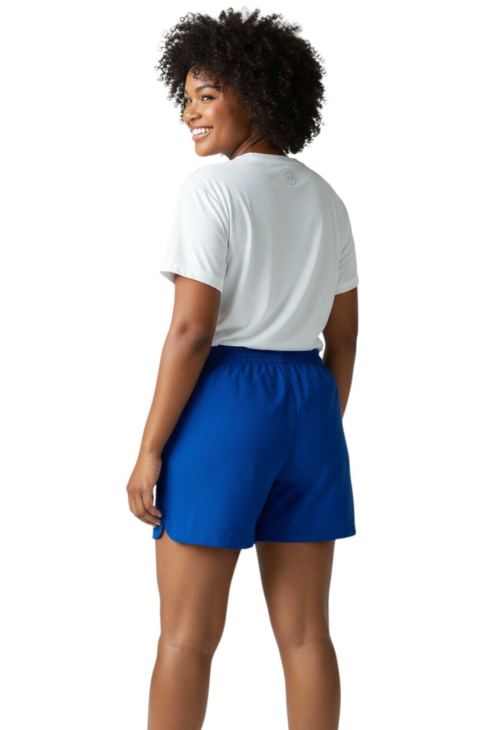 The Lifeguard Store blue polyester YMCA instructor shorts with elastic waistband, drawstring, and two front pockets.