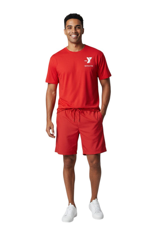 The Lifeguard Store red short sleeve rashguard with YMCA instructor logo. Made of polyester and spandex for comfort and UPF 50+ protection.