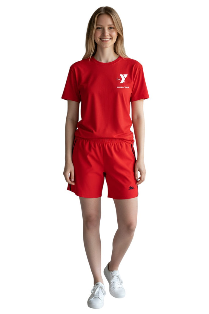 The Lifeguard Store YMCA Instructor short sleeve rashguard in red, made of polyester and spandex with UPF50+ protection.