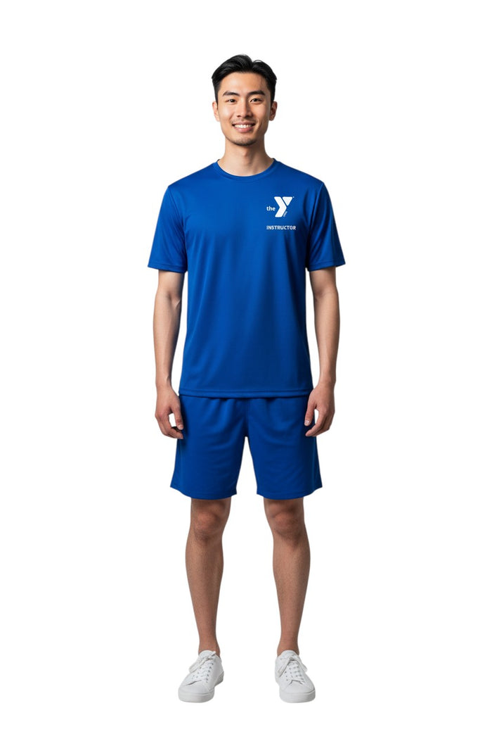 The Lifeguard Store YMCA Instructor short sleeve rashguard in royal blue, made of polyester and spandex with UPF50+ protection.