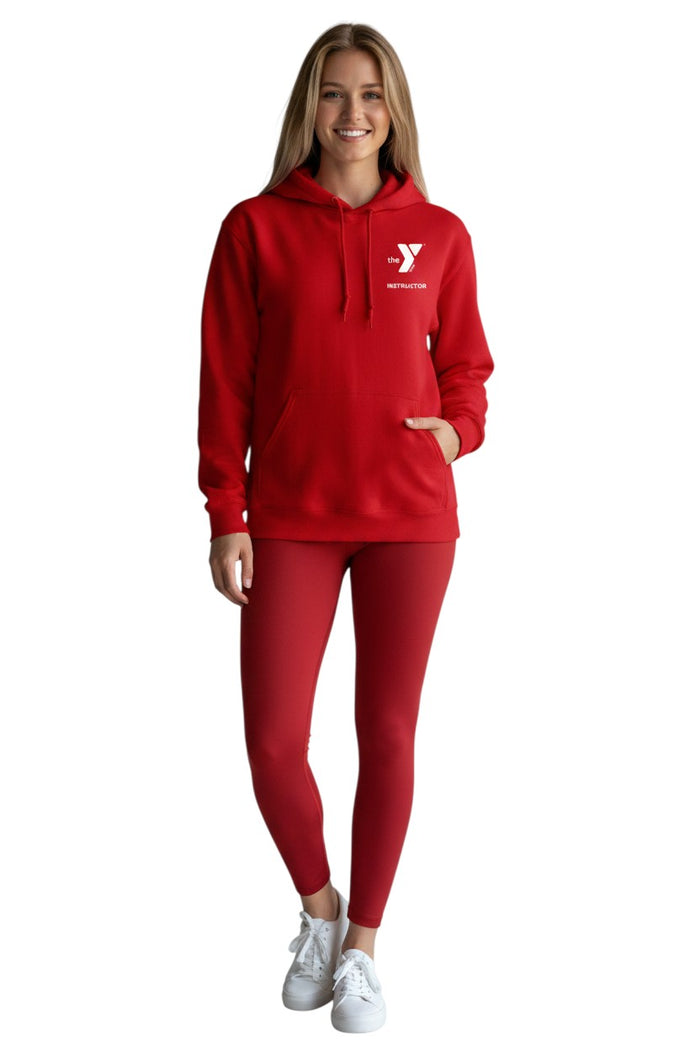 The Lifeguard Store red cotton polyester blend YMCA Instructor hooded sweatshirt with pouch pocket and drawstring.