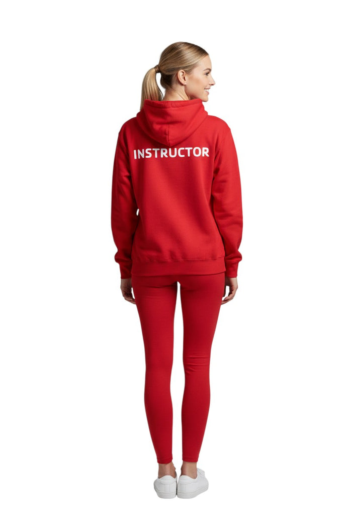 The Lifeguard Store red cotton-polyester blend hooded sweatshirt with "INSTRUCTOR" printed on the back.