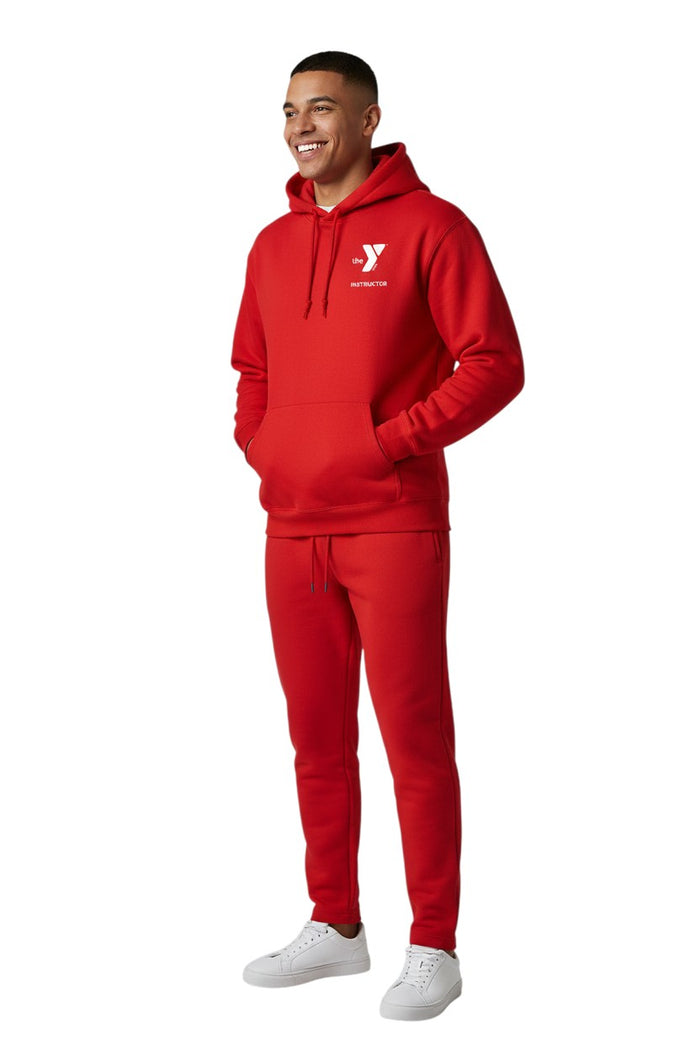 The Lifeguard Store red cotton polyester blend YMCA Instructor hooded sweatshirt with pouch pocket and drawstring.