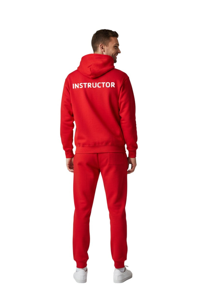 The Lifeguard Store red cotton-polyester blend hooded sweatshirt with "INSTRUCTOR" printed on the back.