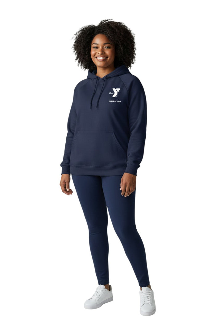 The Lifeguard Store navy blue YMCA Instructor hooded sweatshirt with pouch pocket and drawstring hood. 50% cotton/50% polyester.