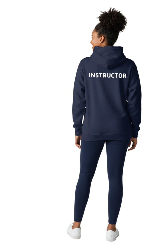 The Lifeguard Store YMCA Instructor navy blue hooded sweatshirt with white text on back.