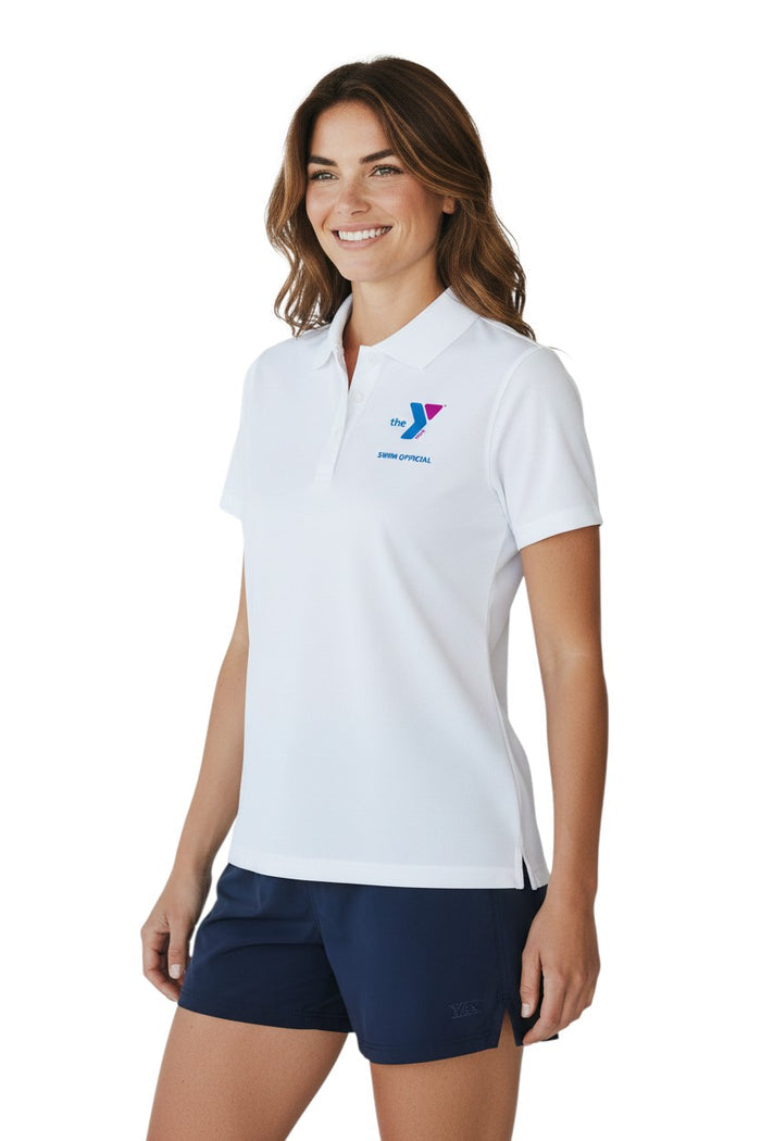 The Lifeguard Store white polyester Dri-Fast polo shirt with YMCA Swim Official logo on chest. Features a ribbed collar and three buttons.