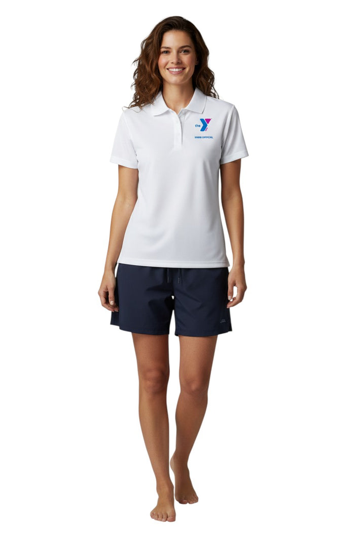The Lifeguard Store white polyester Dri-Fast polo shirt with YMCA Swim Official logo on chest. Features a ribbed collar and three buttons.