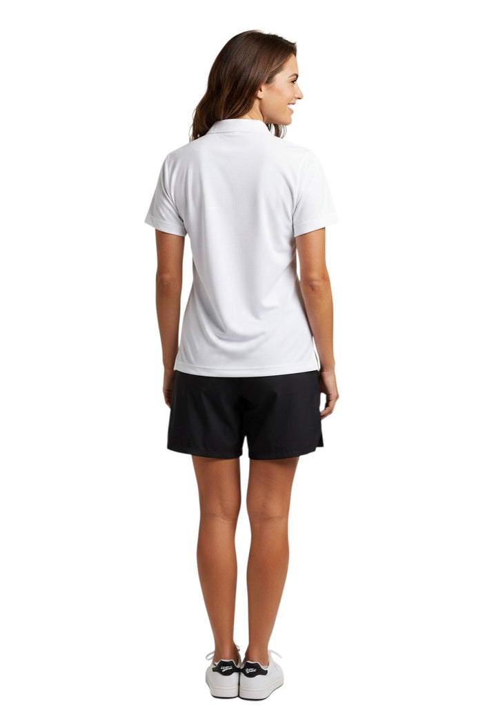 The Lifeguard Store white polyester Dri-Fast polo shirt with YMCA Swim Official logo on chest. Features a ribbed collar and three buttons.