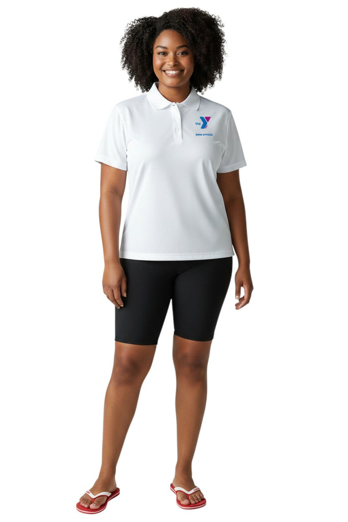 The Lifeguard Store white polyester Dri-Fast polo shirt with YMCA Swim Official logo on chest. Features a ribbed collar and three buttons.