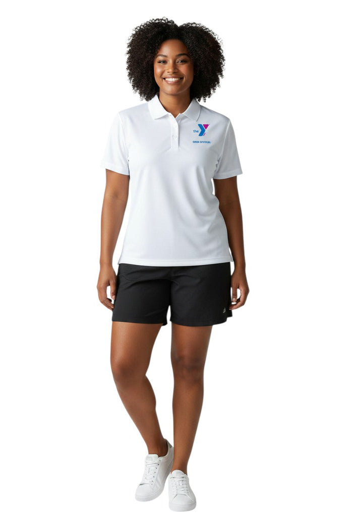 The Lifeguard Store white polyester Dri-Fast polo shirt with YMCA Swim Official logo on left chest. Features a ribbed collar and three buttons.