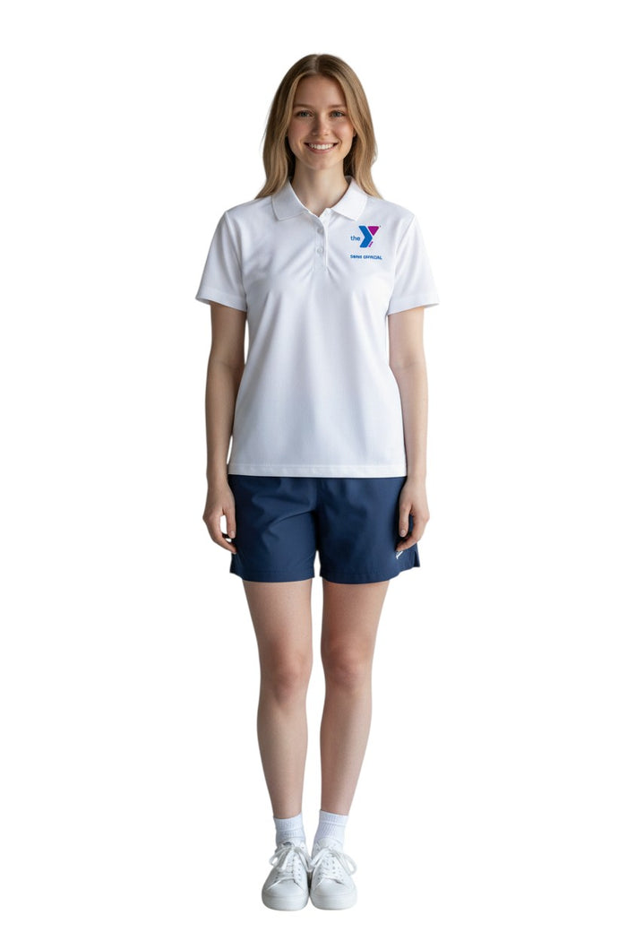 The Lifeguard Store white polyester Dri-Fast polo shirt with YMCA Swim Official logo on chest. Features a ribbed collar and three buttons.