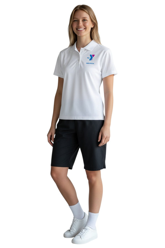 The Lifeguard Store white polyester Dri-Fast polo shirt with YMCA Swim Official logo on chest. Features a ribbed collar and three buttons.