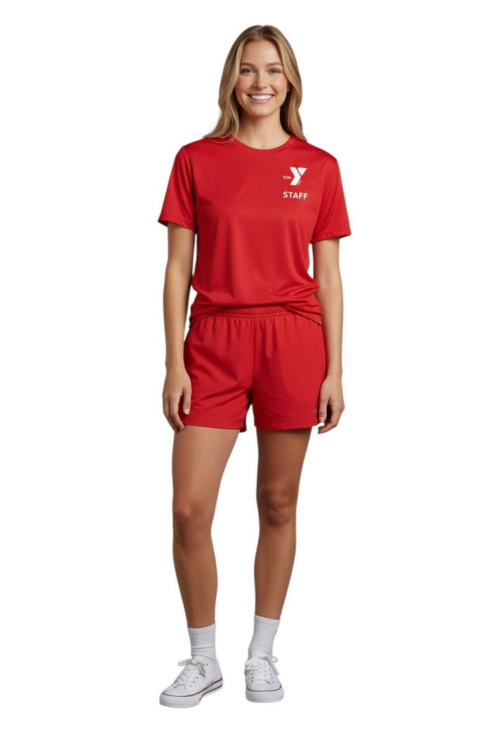The Lifeguard Store red polyester Dri-Fit t-shirt with white YMCA Staff logo on chest. Short sleeves, crew neck.