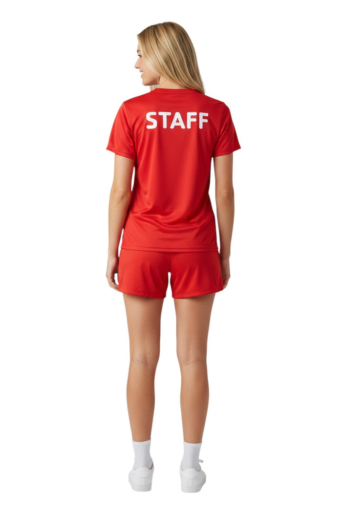 The Lifeguard Store red polyester Dri-Fit t-shirt with white STAFF logo on back. Short sleeves, crew neck.
