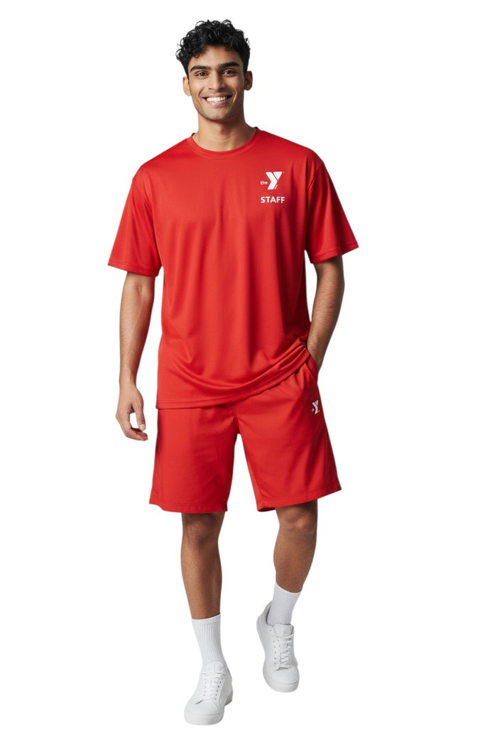 The Lifeguard Store red polyester Dri-Fit t-shirt with white YMCA Staff logo on chest.