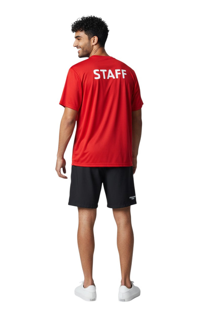 The Lifeguard Store red polyester Dri-Fit t-shirt with white STAFF logo on back. Short sleeves, crew neck.
